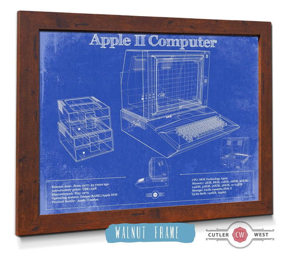 20" x 16" / Walnut Frame Cutler West Apple II Computer Vintage Blueprint Art