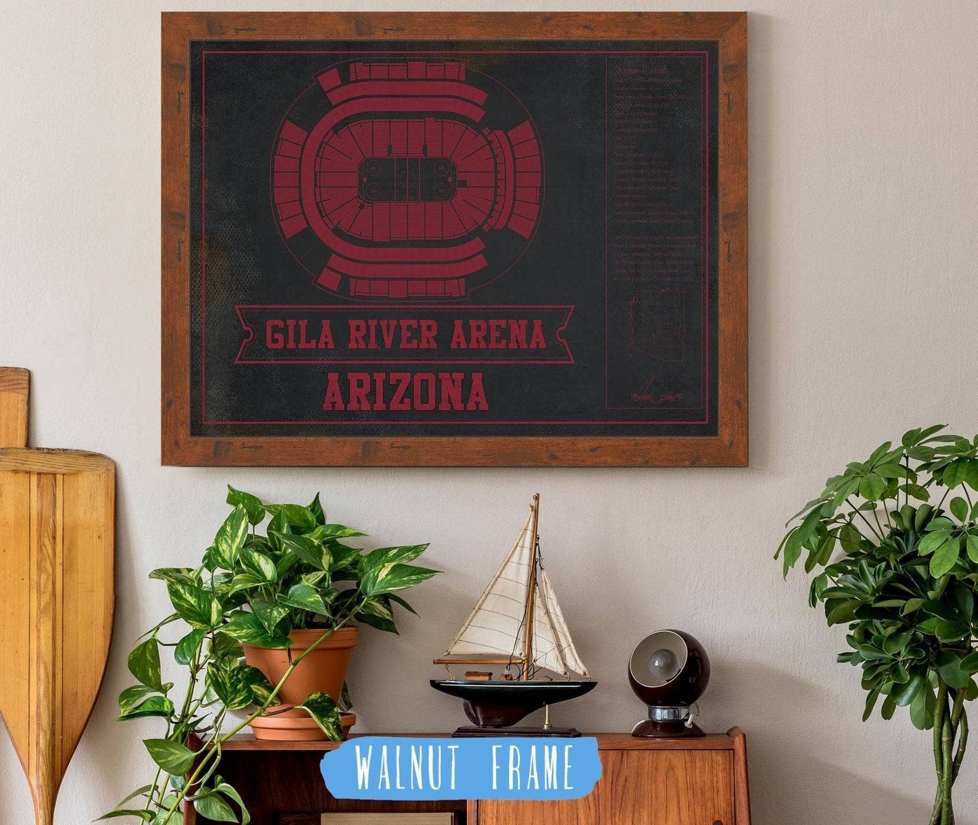 Cutler West 14" x 11" / Walnut Frame Arizona Coyotes Team Colors - Gila River Arena Vintage Hockey Blueprint NHL Print 933350182_78414