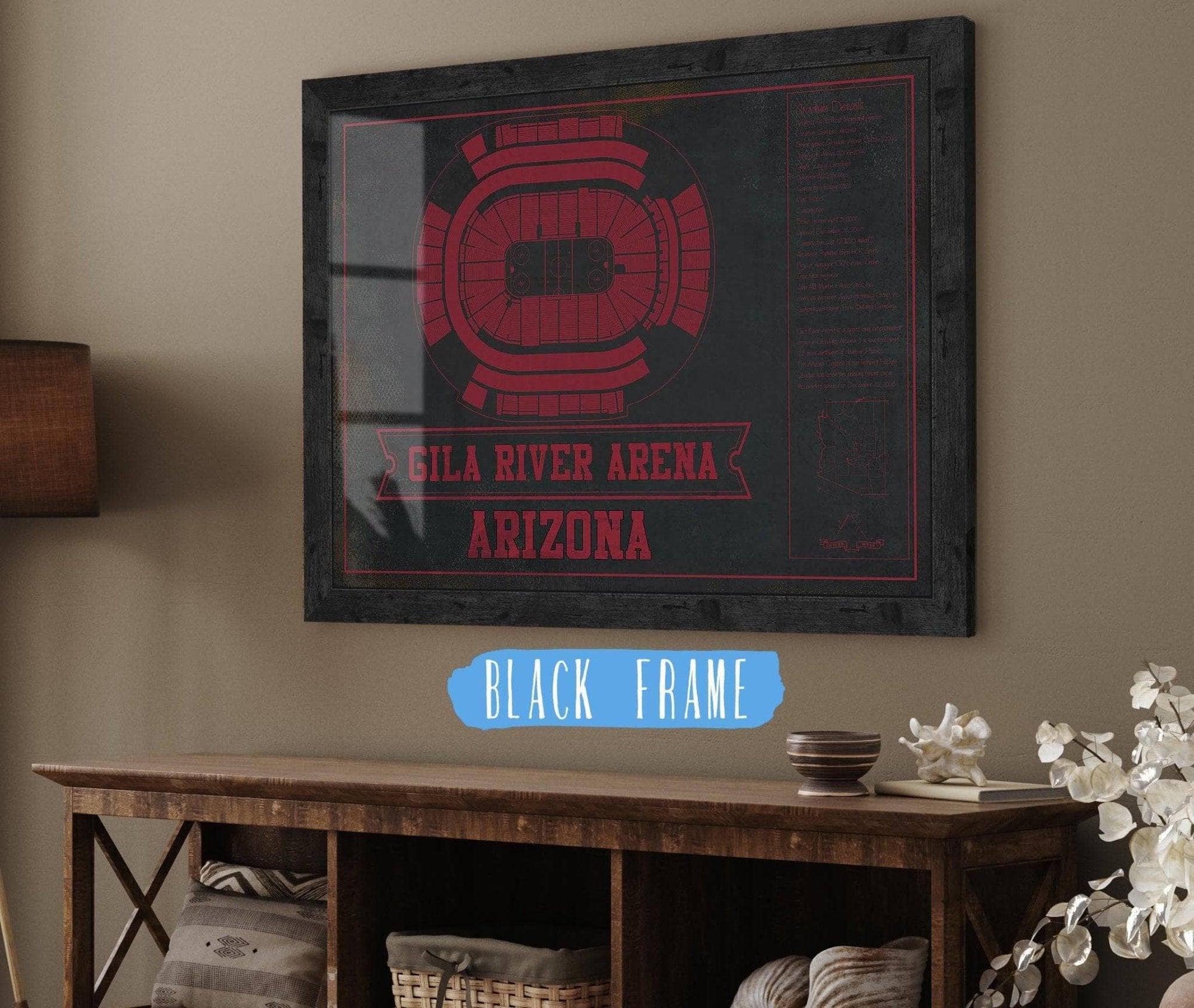 Cutler West 14" x 11" / Black Frame Arizona Coyotes Team Colors - Gila River Arena Vintage Hockey Blueprint NHL Print 933350182_78412