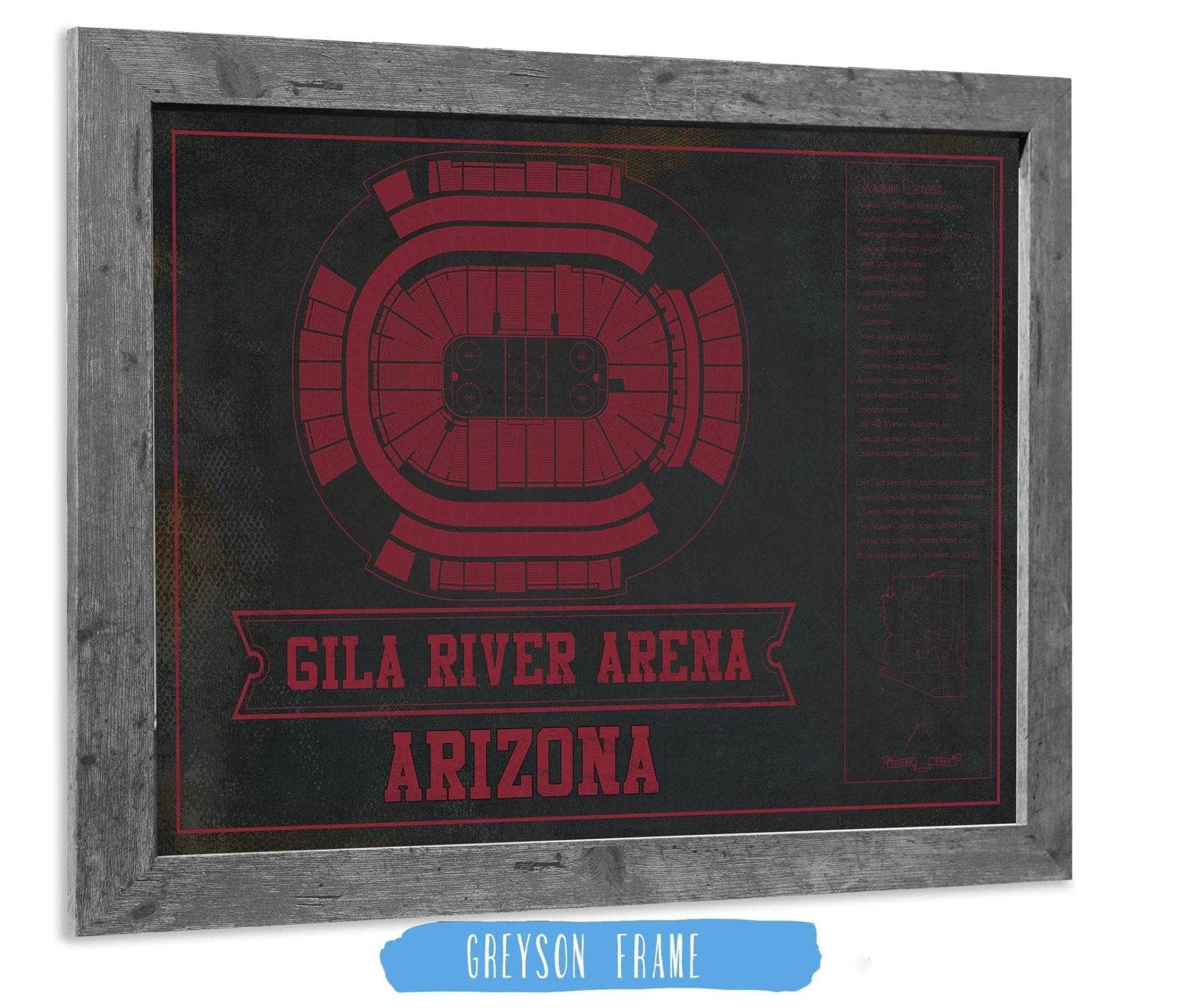 Cutler West 14" x 11" / Greyson Frame Arizona Coyotes Team Colors - Gila River Arena Vintage Hockey Blueprint NHL Print 933350182_78418