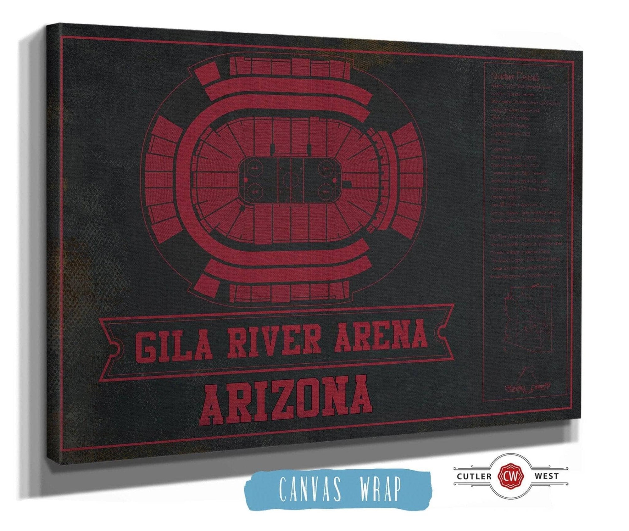 Cutler West 14" x 11" / Stretched Canvas Wrap Arizona Coyotes Team Colors - Gila River Arena Vintage Hockey Blueprint NHL Print 933350182_78416