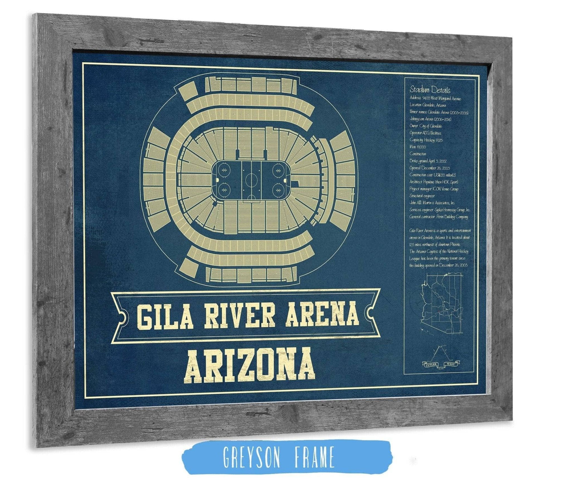 Cutler West 14" x 11" / Greyson Frame Arizona Coyotes - Gila River Arena Vintage Hockey Blueprint NHL Print 933350179_78220