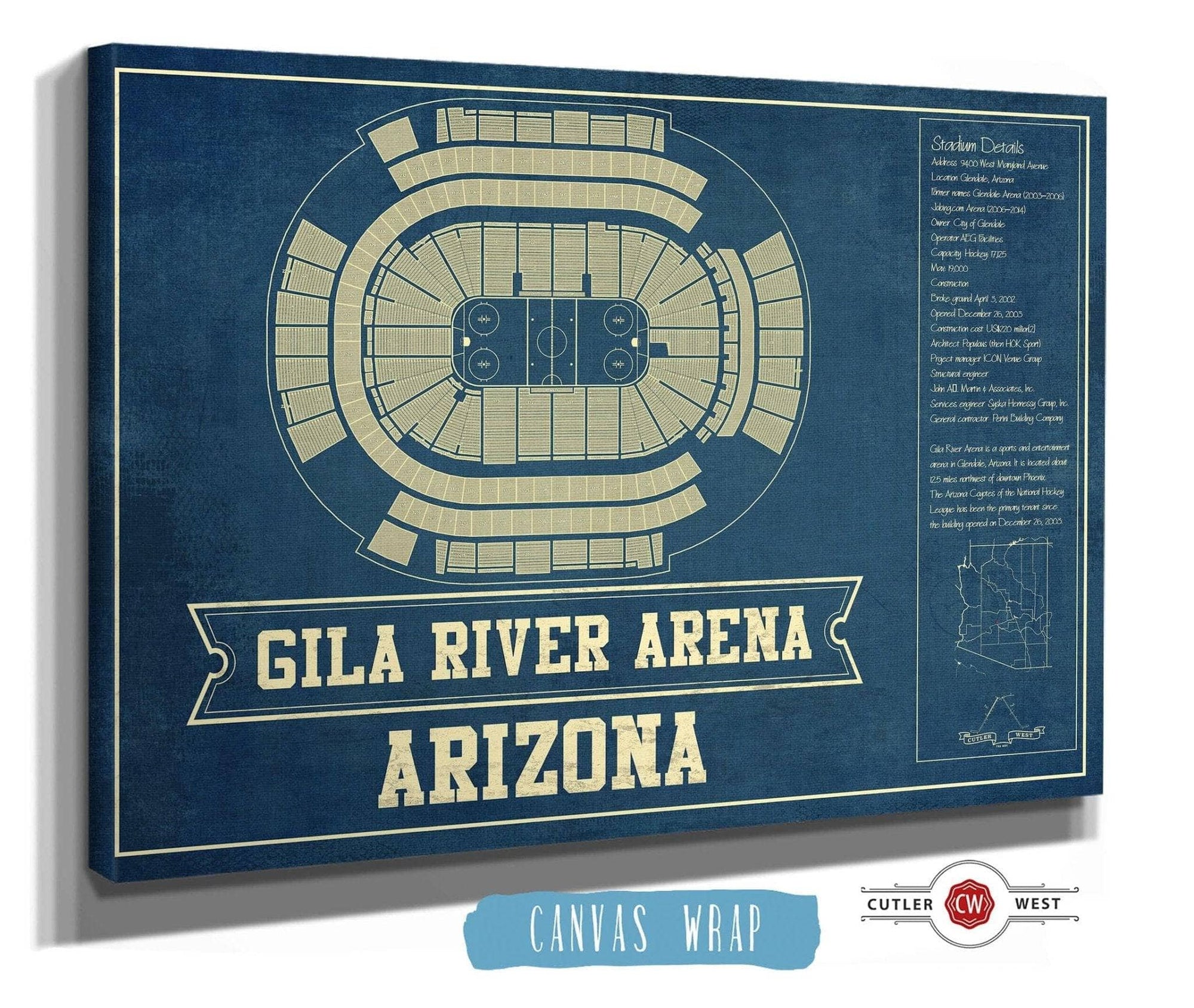 Cutler West 14" x 11" / Stretched Canvas Wrap Arizona Coyotes - Gila River Arena Vintage Hockey Blueprint NHL Print 933350179_78218