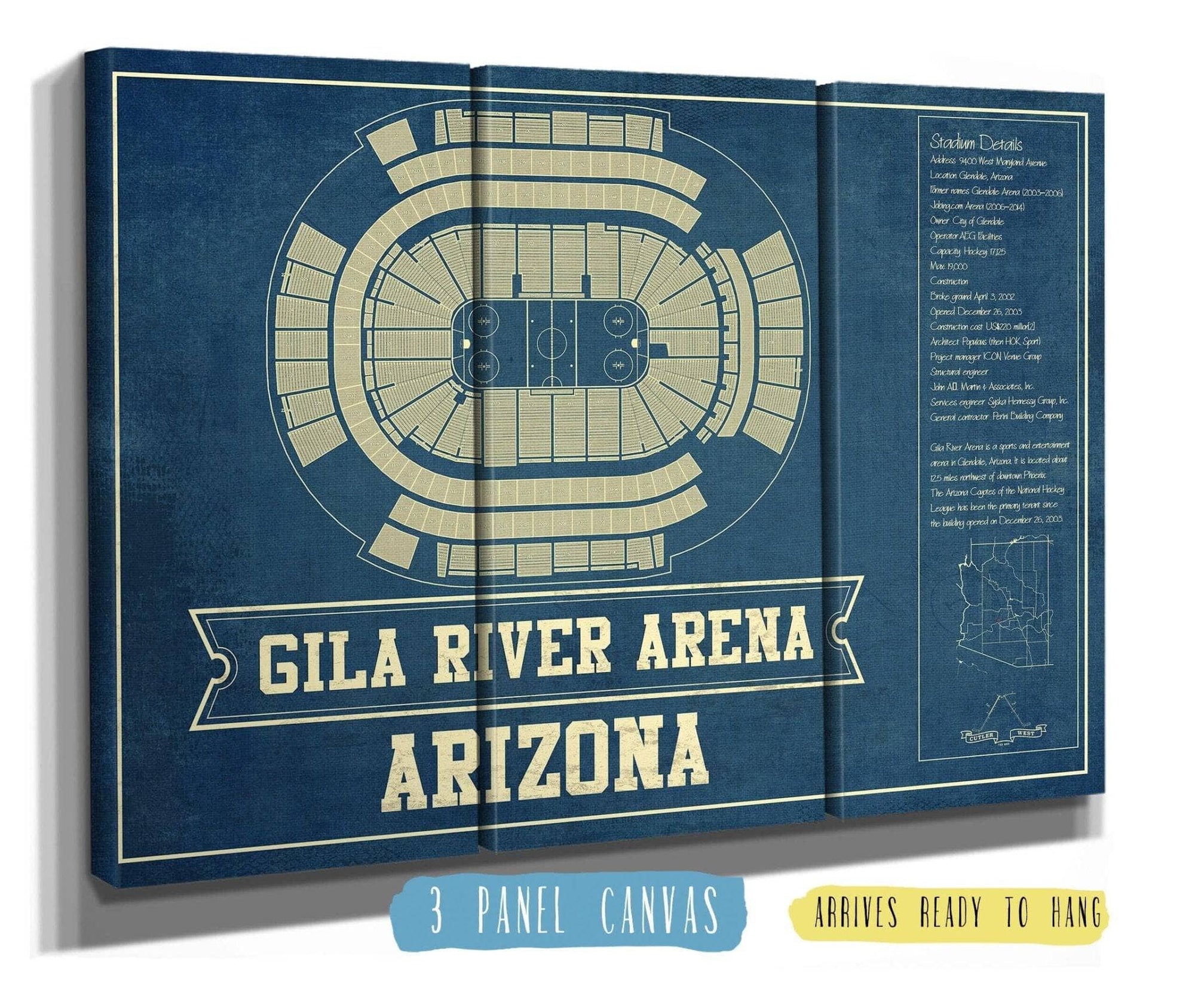 Cutler West 48" x 32" / 3 Panel Canvas Wrap Arizona Coyotes - Gila River Arena Vintage Hockey Blueprint NHL Print 933350179_78263