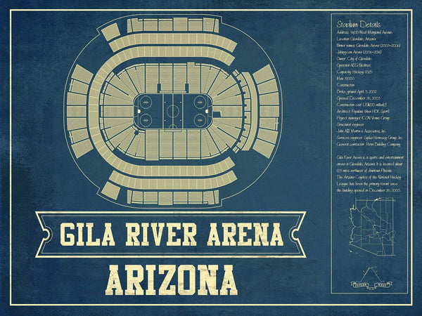 14" x 11" / Unframed Cutler West Arizona Coyotes - Gila River Arena Vintage Hockey Blueprint NHL Print