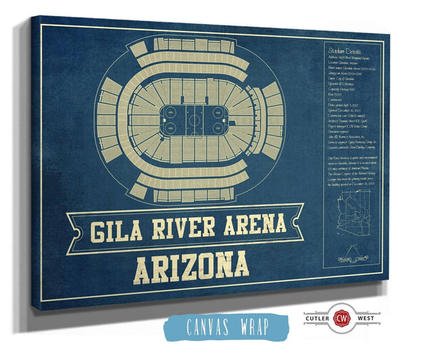 36" x 24" / 3 Panel Canvas Wrap Cutler West Arizona Coyotes - Gila River Arena Vintage Hockey Blueprint NHL Print