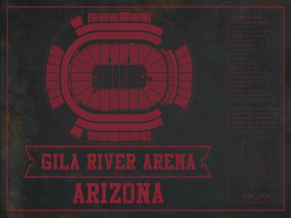 14" x 11" / Stretched Canvas Wrap Cutler West Arizona Coyotes Team Colors - Gila River Arena Vintage Hockey Blueprint NHL Print
