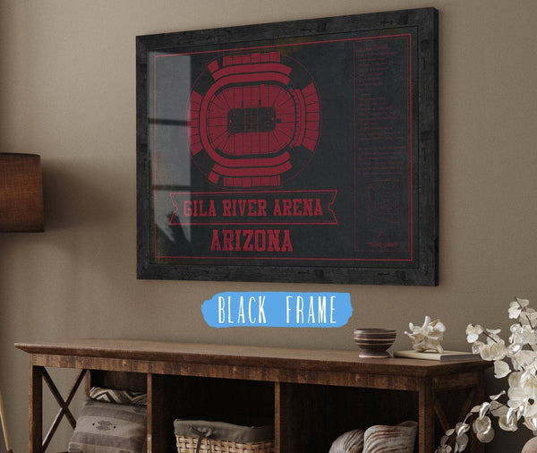 20" x 16" / Black Frame Cutler West Arizona Coyotes Team Colors - Gila River Arena Vintage Hockey Blueprint NHL Print