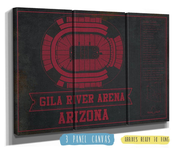 48" x 36" / 3 Panel Canvas Wrap Cutler West Arizona Coyotes Team Colors - Gila River Arena Vintage Hockey Blueprint NHL Print