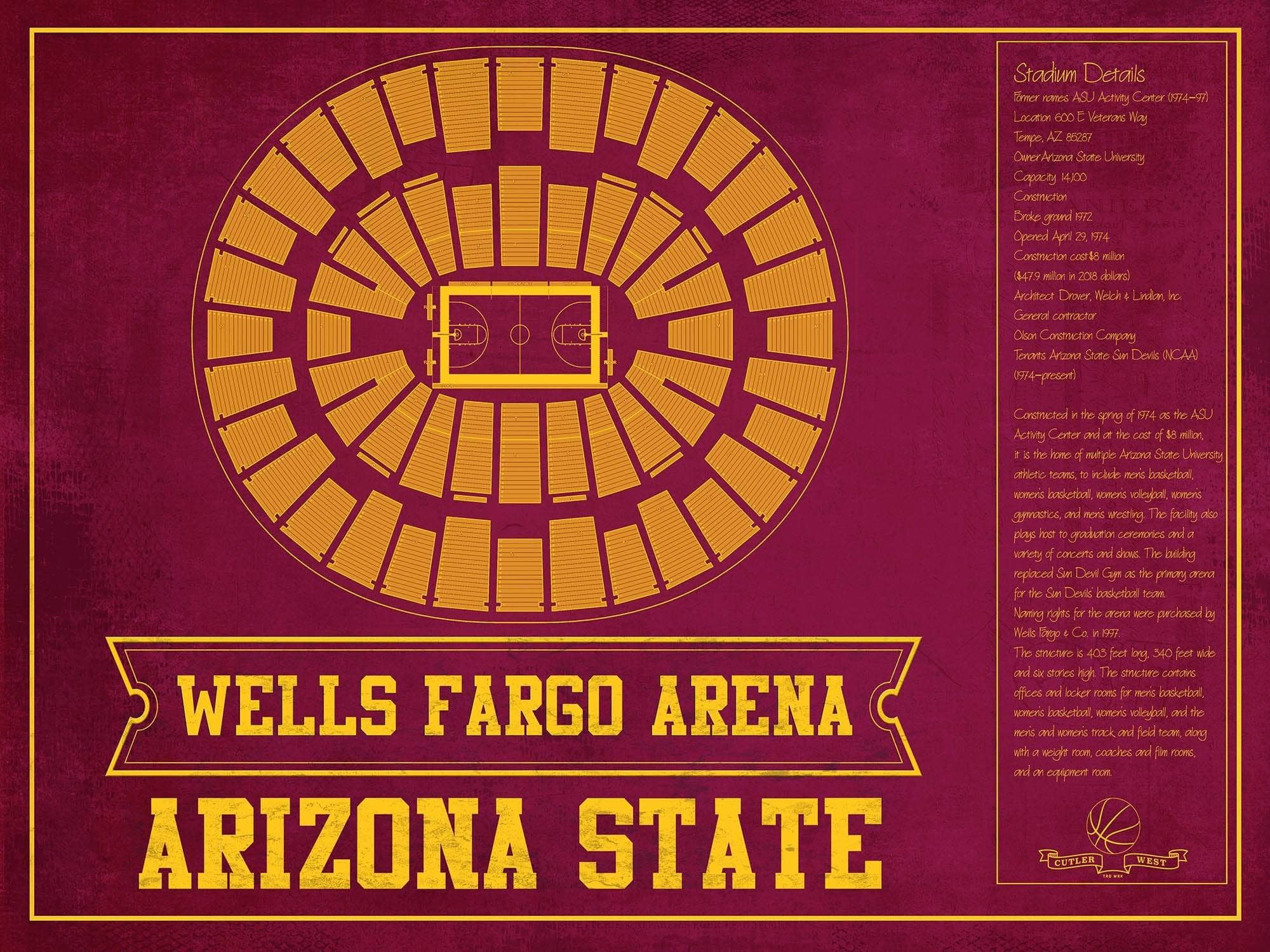 Cutler West Basketball Collection 14" x 11" / Unframed Arizona State University Wells Fargo Arena Teamcolor Seating Chart 933350228_82568