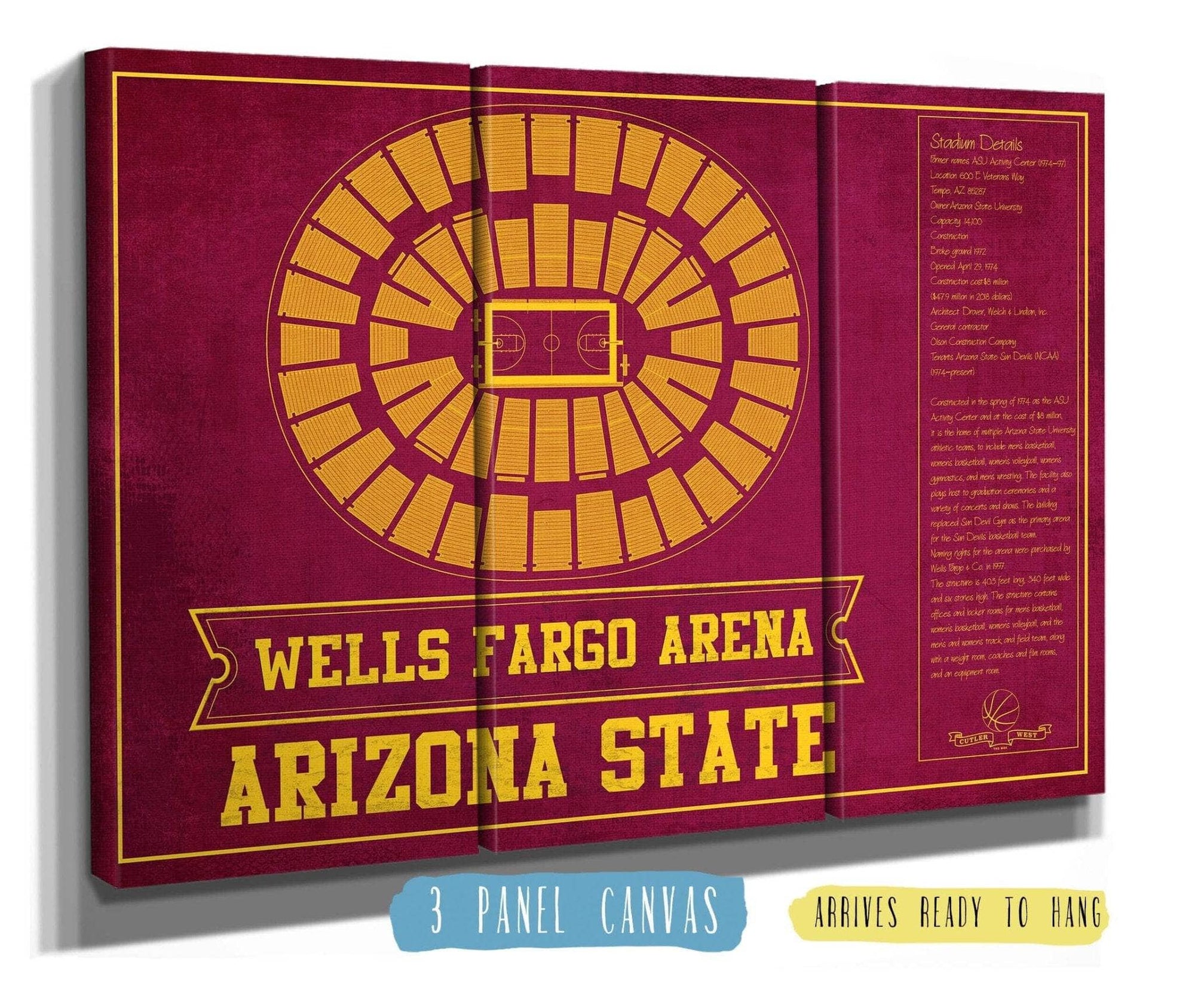 Cutler West Basketball Collection 48" x 32" / 3 Panel Canvas Wrap Arizona State University Wells Fargo Arena Teamcolor Seating Chart 933350228_82618