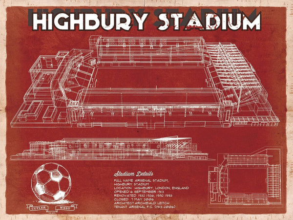 14" x 11" / Unframed Cutler West Arsenal Football Club - Vintage Highbury Stadium Soccer Print