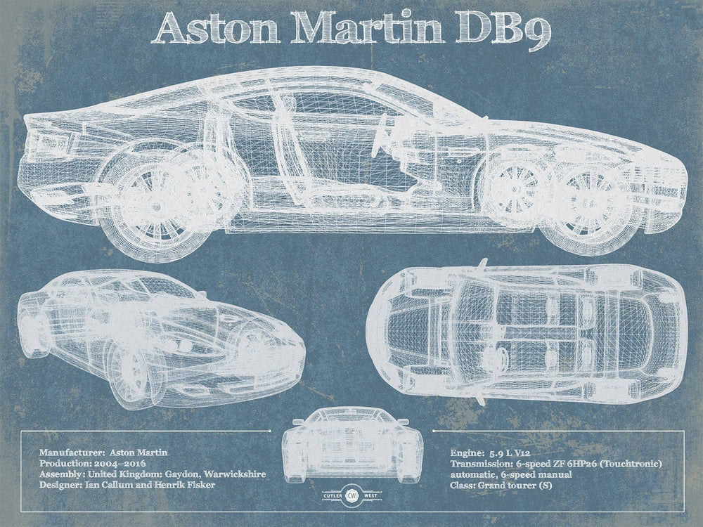 14" x 11" / Stretched Canvas Wrap Cutler West Aston Martin DB9 Blueprint Vintage Auto Print
