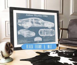 20" x 16" / Black Frame & Mat Cutler West Aston Martin DB9 Blueprint Vintage Auto Print
