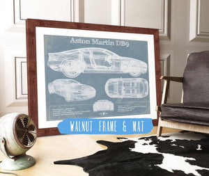 20" x 16" / Walnut Frame & Mat Cutler West Aston Martin DB9 Blueprint Vintage Auto Print