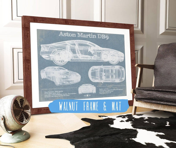 20" x 16" / Walnut Frame & Mat Cutler West Aston Martin DB9 Blueprint Vintage Auto Print
