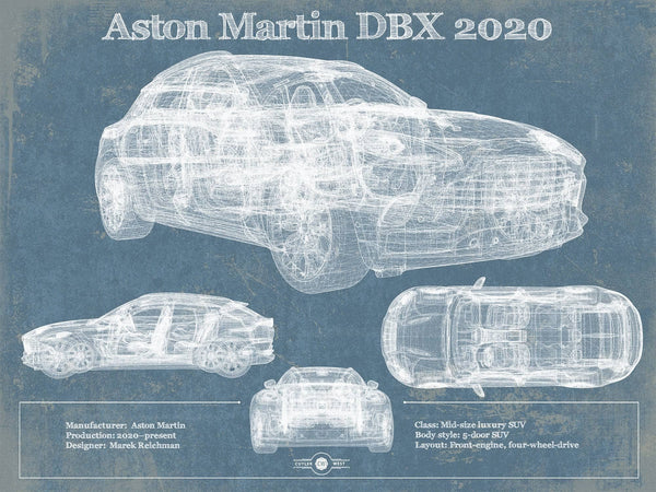 14" x 11" / Unframed Cutler West Aston Martin DBX 2020 Blueprint Vintage Auto Print