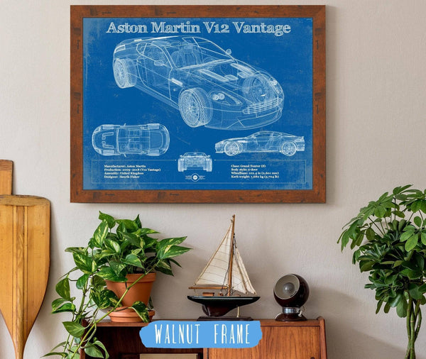 20" x 16" / Walnut Frame Cutler West Aston Martin V12 Blueprint Vintage Auto Print