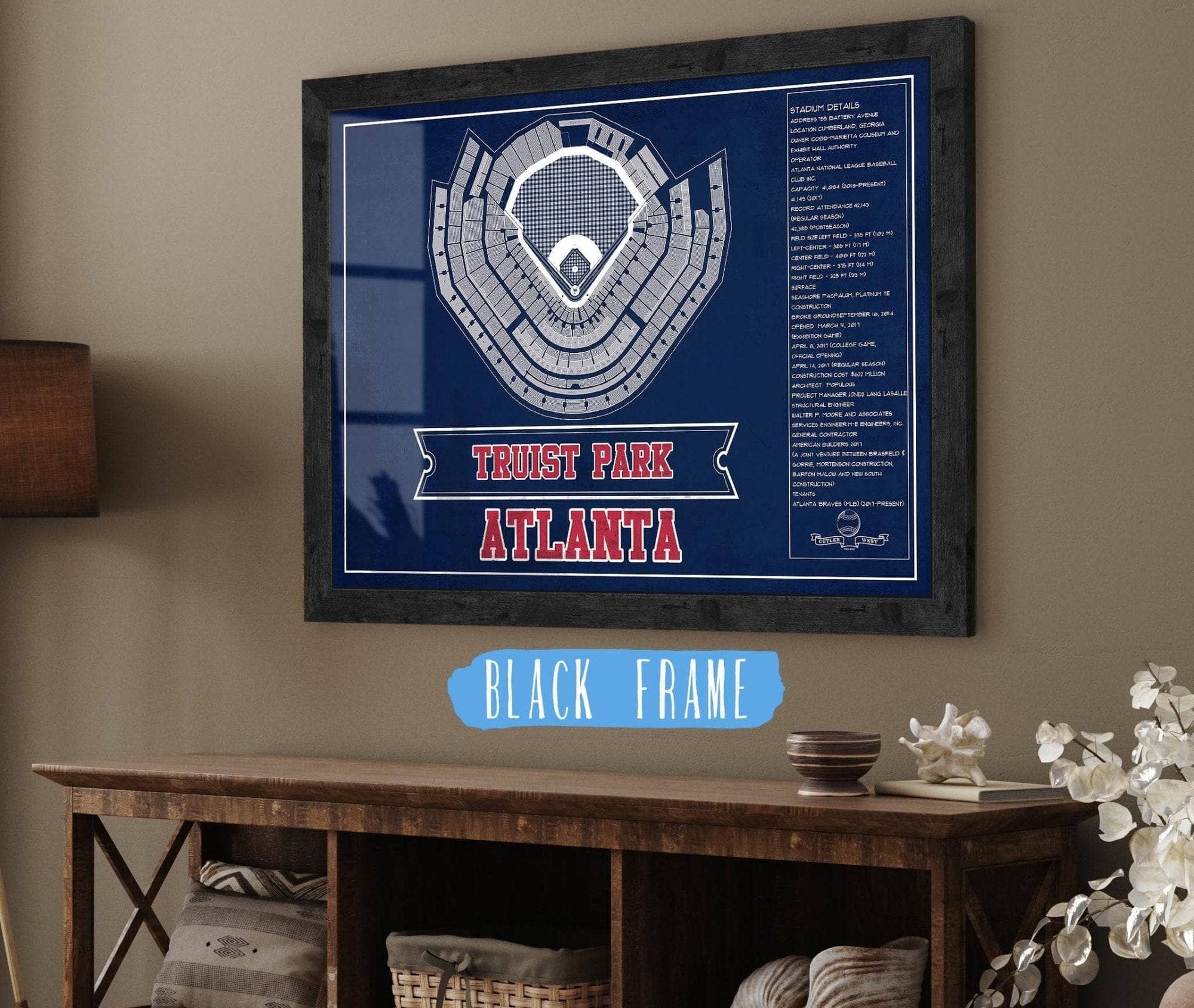 Cutler West Baseball Collection 14" x 11" / Black Frame Turner Field - Atlanta Braves (MLB) Team Color Vintage Baseball Print 933311175_51708
