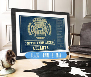14" x 11" / Black Frame Mat Cutler West Atlanta Hawks - State Farm Arena Vintage Basketball Blueprint NBA Print
