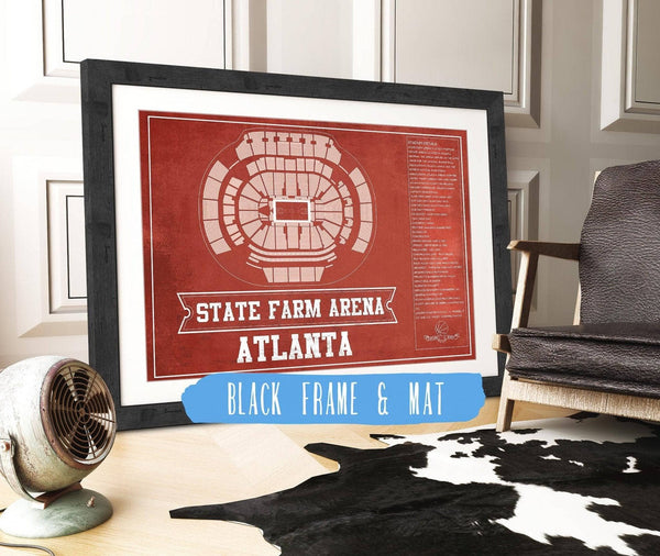 14" x 11" / Black Frame Mat Cutler West Atlanta Hawks - State Farm Arena Vintage Basketball Blueprint NBA Print