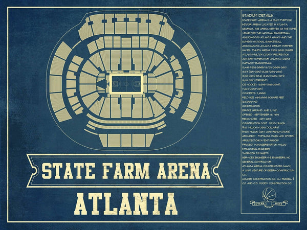 14" x 11" / Unframed Cutler West Atlanta Hawks - State Farm Arena Vintage Basketball Blueprint NBA Print