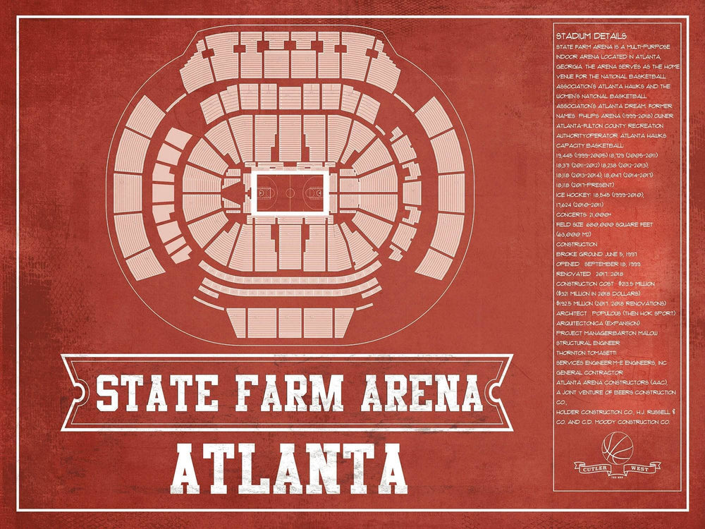 14" x 11" / Stretched Canvas Wrap Cutler West Atlanta Hawks - State Farm Arena Vintage Basketball Blueprint NBA Print