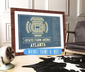 14" x 11" / Walnut Frame Mat Cutler West Atlanta Hawks - State Farm Arena Vintage Basketball Blueprint NBA Print