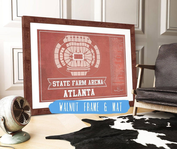 14" x 11" / Walnut Frame Mat Cutler West Atlanta Hawks - State Farm Arena Vintage Basketball Blueprint NBA Print