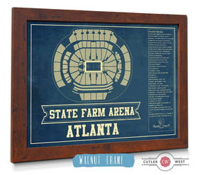 20" x 16" / Walnut Frame Cutler West Atlanta Hawks - State Farm Arena Vintage Basketball Blueprint NBA Print