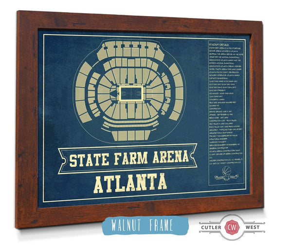 20" x 16" / Walnut Frame Cutler West Atlanta Hawks - State Farm Arena Vintage Basketball Blueprint NBA Print