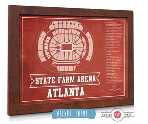 20" x 16" / Walnut Frame Cutler West Atlanta Hawks - State Farm Arena Vintage Basketball Blueprint NBA Print