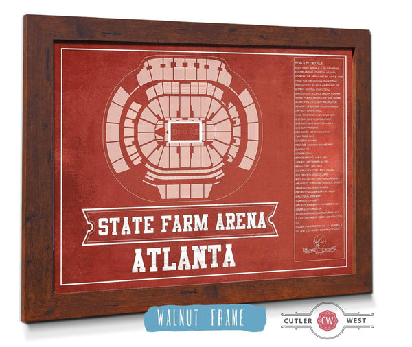 20" x 16" / Walnut Frame Cutler West Atlanta Hawks - State Farm Arena Vintage Basketball Blueprint NBA Print