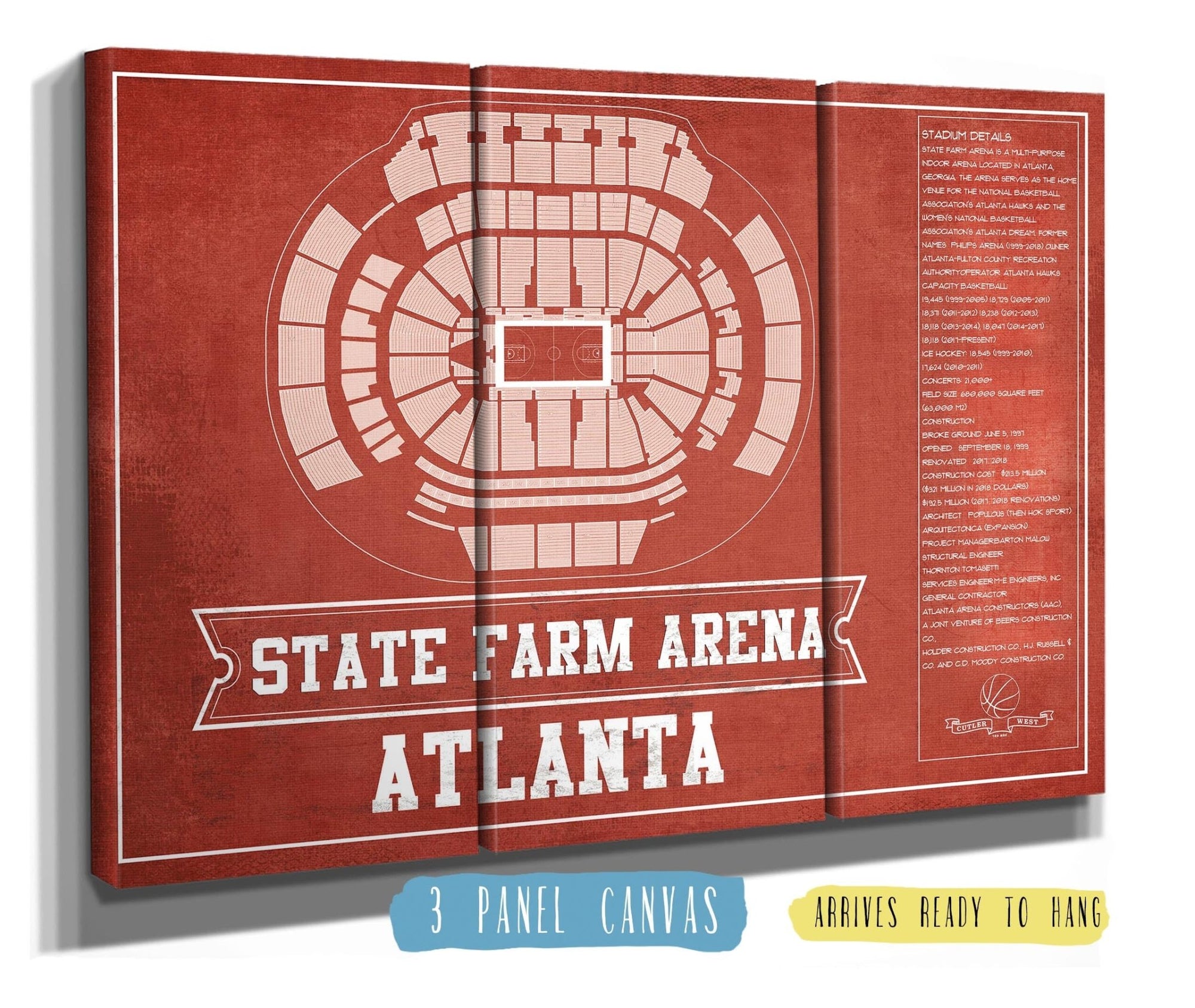 Cutler West Basketball Collection 48" x 32" / 3 Panel Canvas Wrap Atlanta Hawks - State Farm Arena Vintage Basketball Blueprint NBA Print 660984178-TEAM_75689