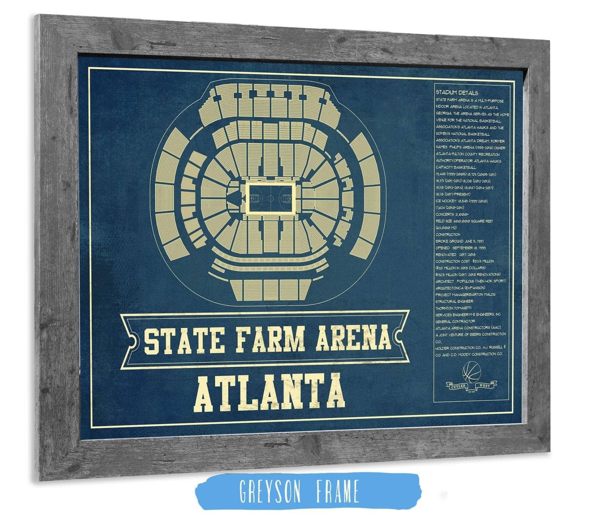 Cutler West Basketball Collection 14" x 11" / Greyson Frame Atlanta Hawks - State Farm Arena Vintage Basketball Blueprint NBA Print 660984178_75712
