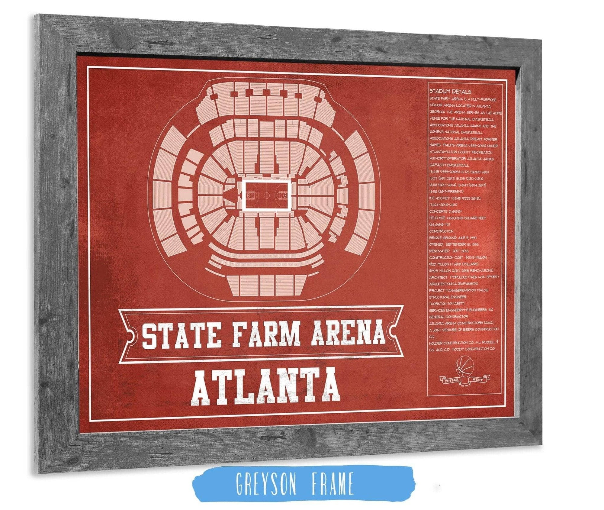 Cutler West Basketball Collection 14" x 11" / Greyson Frame Atlanta Hawks - State Farm Arena Vintage Basketball Blueprint NBA Print 660984178-TEAM_75646