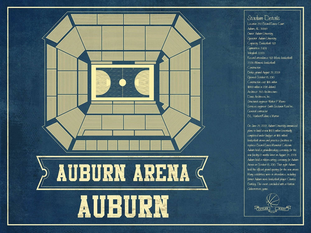 14" x 11" / Stretched Canvas Wrap Cutler West Auburn Tigers - Auburn Arena Vintage Blueprint