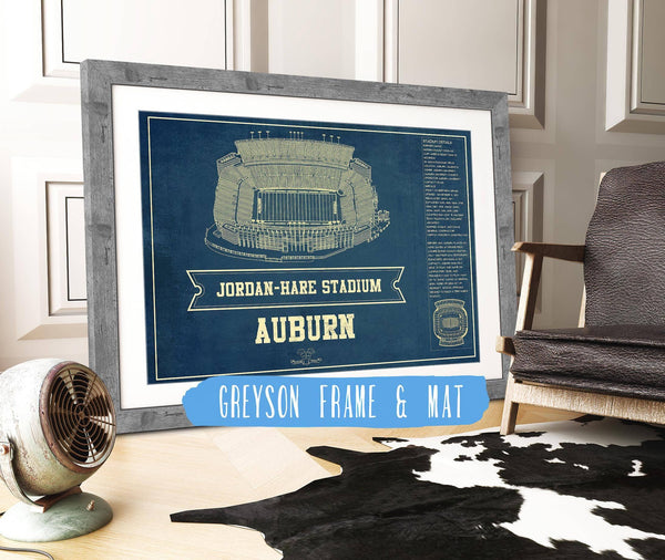 14" x 11" / Greyson Frame & Mat Cutler West Auburn Tigers - Jordan-Hare Vintage Stadium Blueprint Art Print