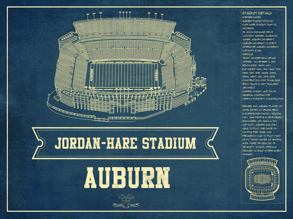14" x 11" / Stretched Canvas Wrap Cutler West Auburn Tigers - Jordan-Hare Vintage Stadium Blueprint Art Print