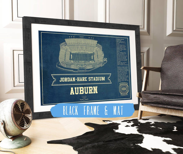 20" x 16" / Black Frame & Mat Cutler West Auburn Tigers - Jordan-Hare Vintage Stadium Blueprint Art Print