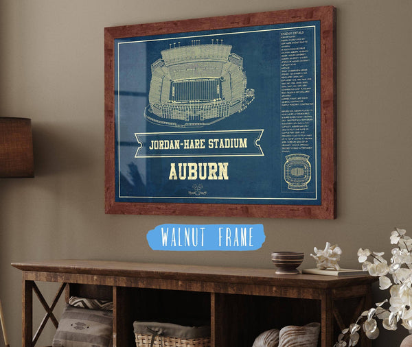 20" x 16" / Walnut Frame Cutler West Auburn Tigers - Jordan-Hare Vintage Stadium Blueprint Art Print