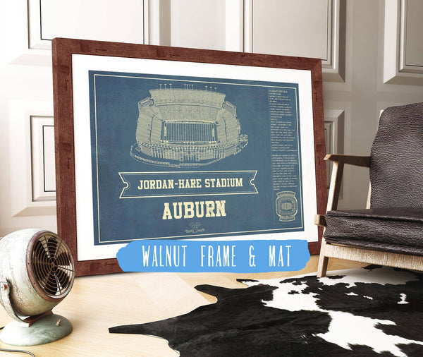 20" x 16" / Walnut Frame & Mat Cutler West Auburn Tigers - Jordan-Hare Vintage Stadium Blueprint Art Print