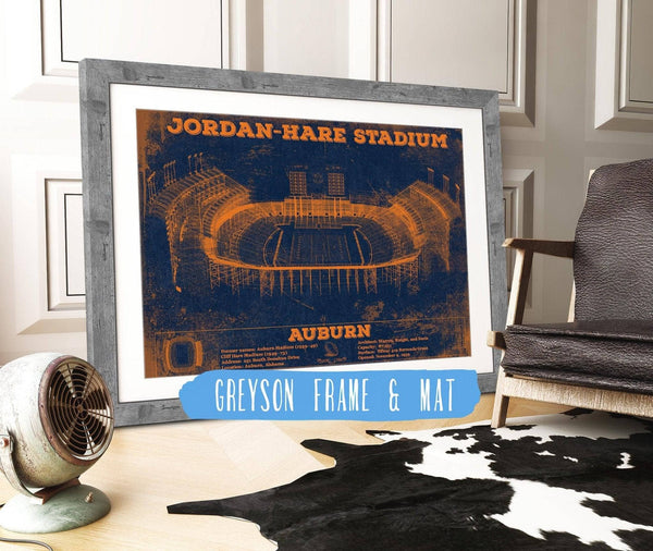 14" x 11" / Greyson Frame & Mat Cutler West Auburn Tigers Jordan Hare Vintage Stadium Blueprint