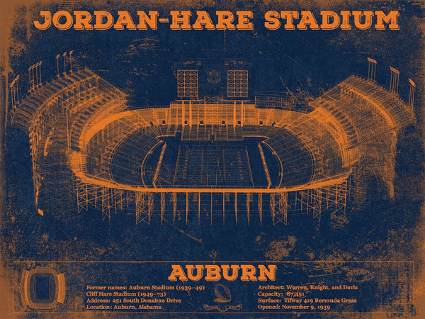 14" x 11" / Unframed Cutler West Auburn Tigers Jordan Hare Vintage Stadium Blueprint