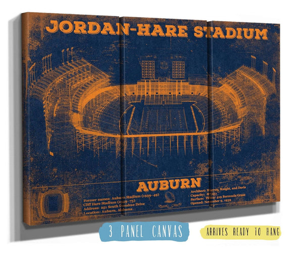 36" x 24" / 3 Panel Canvas Wrap Cutler West Auburn Tigers Jordan Hare Vintage Stadium Blueprint