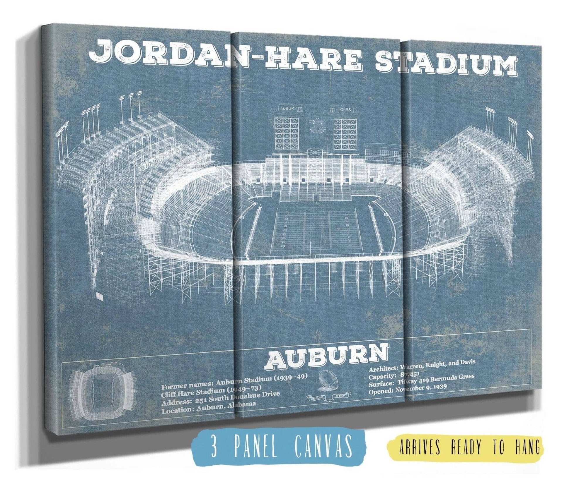 Cutler West College Football Collection 48" x 32" / 3 Panel Canvas Wrap Auburn Tigers - Jordan-Hare Vintage Stadium Blueprint 845000160_51559