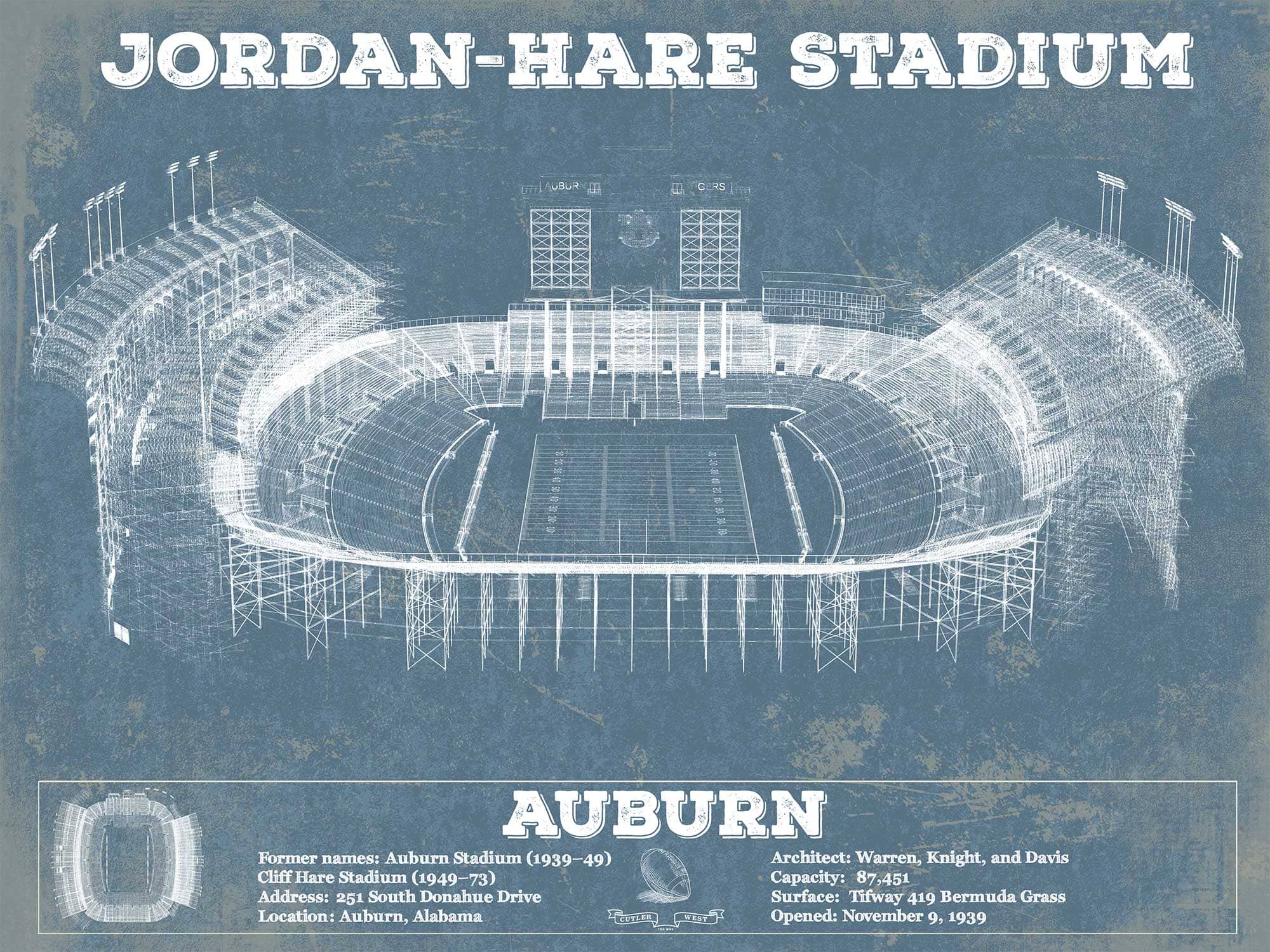 Cutler West College Football Collection 14" x 11" / Unframed Auburn Tigers - Jordan-Hare Vintage Stadium Blueprint 845000160_51509