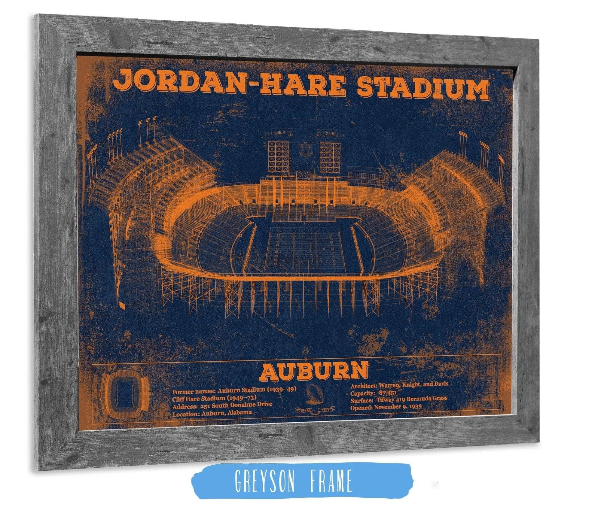 Cutler West Best Selling Collection 14" x 11" / Greyson Frame Auburn Tigers Jordan Hare Vintage Stadium Blueprint 933350145_36138