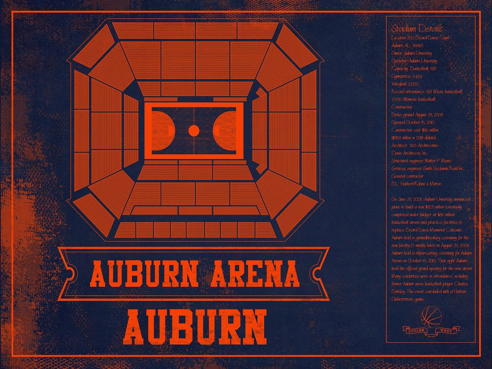 14" x 11" / Stretched Canvas Wrap Cutler West Auburn Tigers Team Color Auburn Arena Vintage Stadium Blueprint