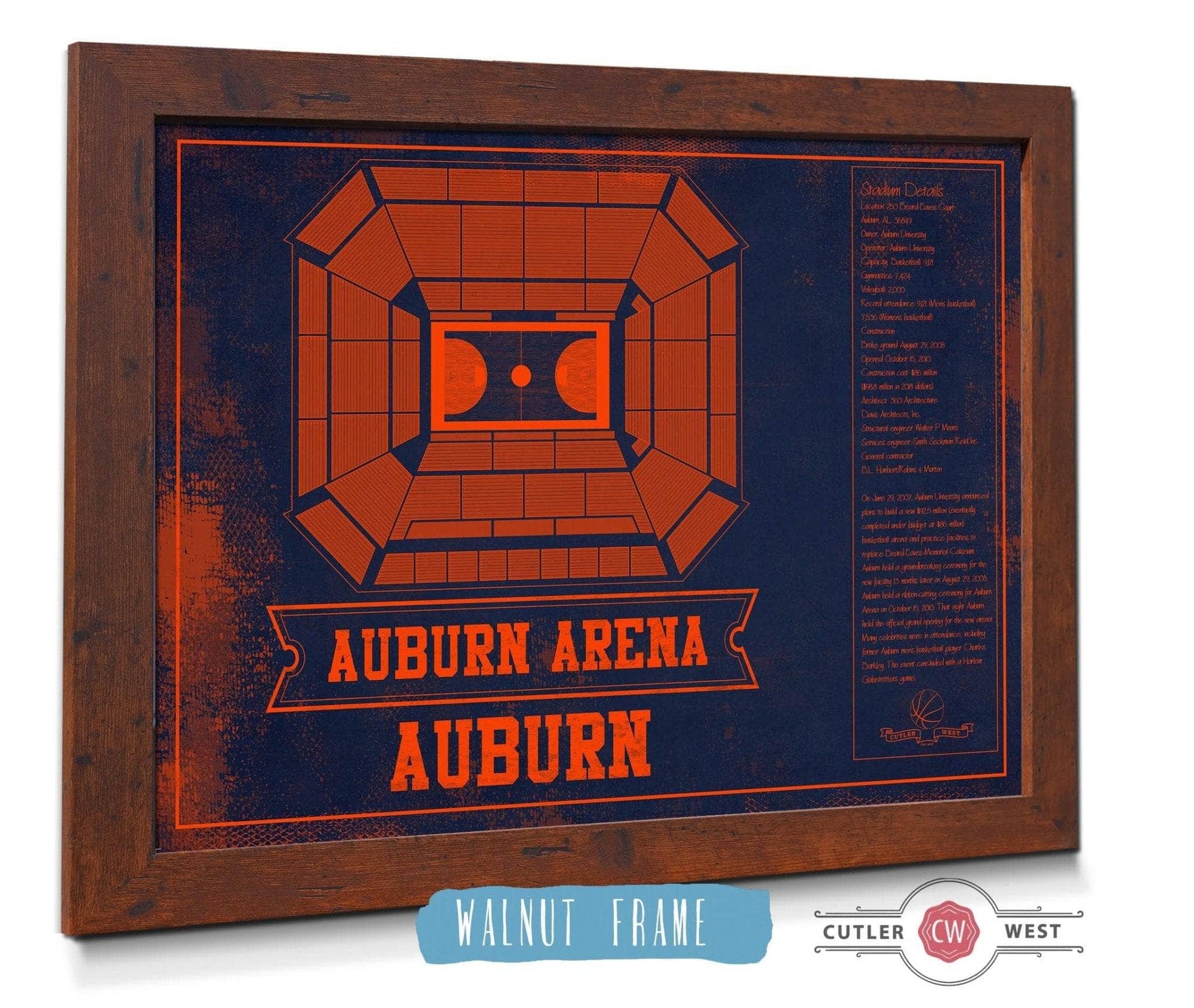 Cutler West Basketball Collection 14" x 11" / Walnut Frame Auburn Tigers Team Color Auburn Arena Vintage Stadium Blueprint 933350230_82901